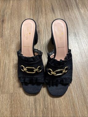 kate spade dark denim Ruffle Slide Mules with Gold Chain Accent